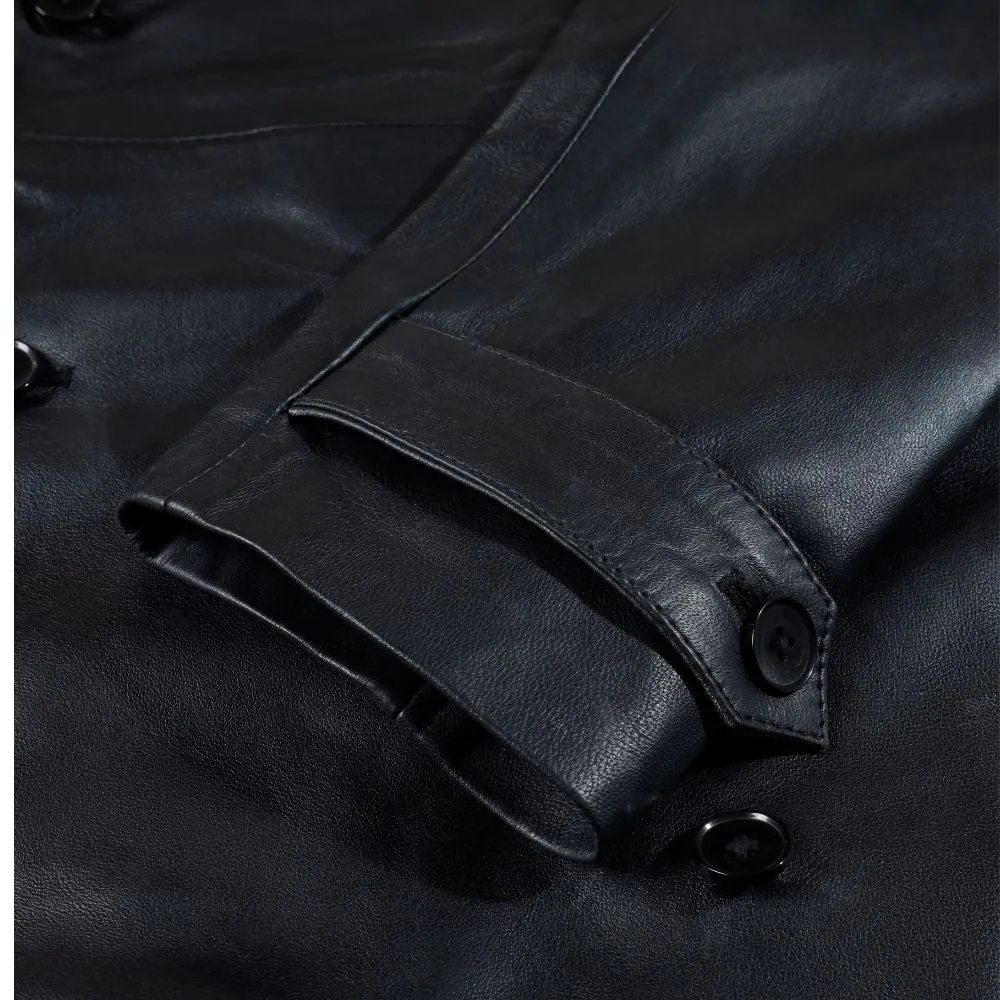 Black leather belted and double breasted trench coat