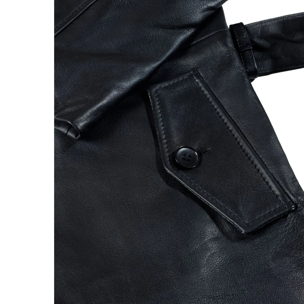 Black leather belted and double breasted trench coat