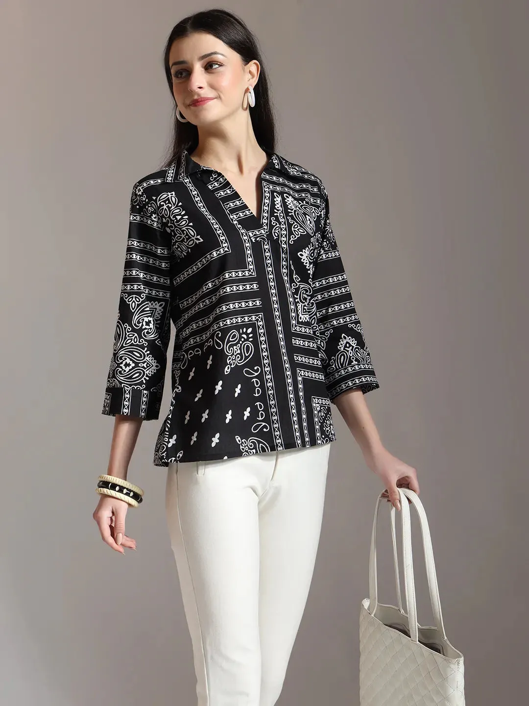 Black Pure Cotton Boho Printed Top