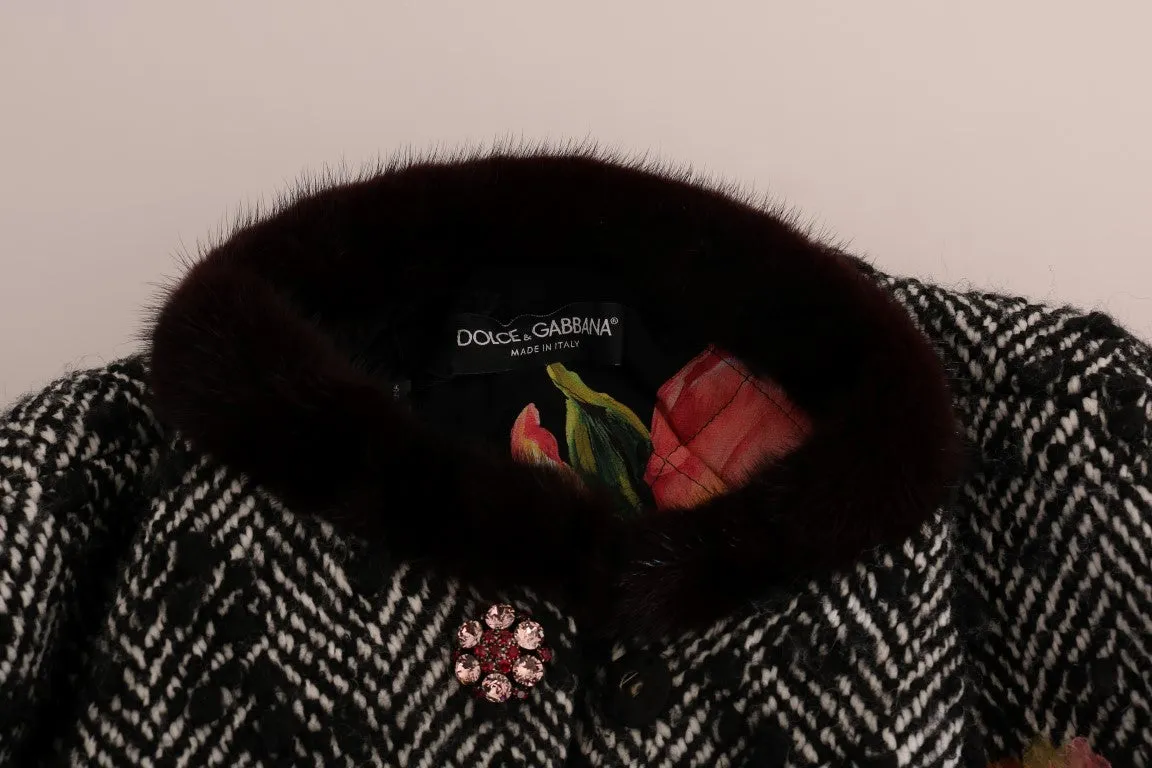 Black White Crystal Tulip Fur Coat