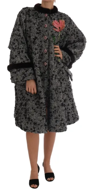 Black White Crystal Tulip Fur Coat
