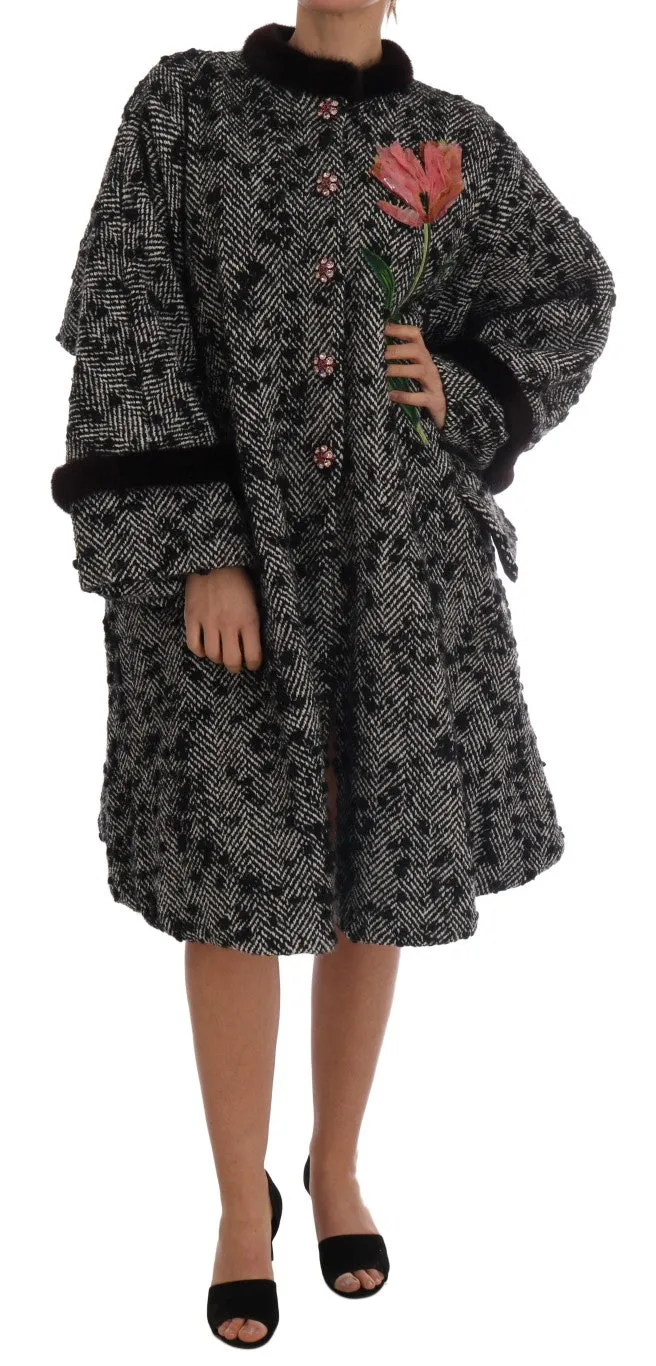 Black White Crystal Tulip Fur Coat