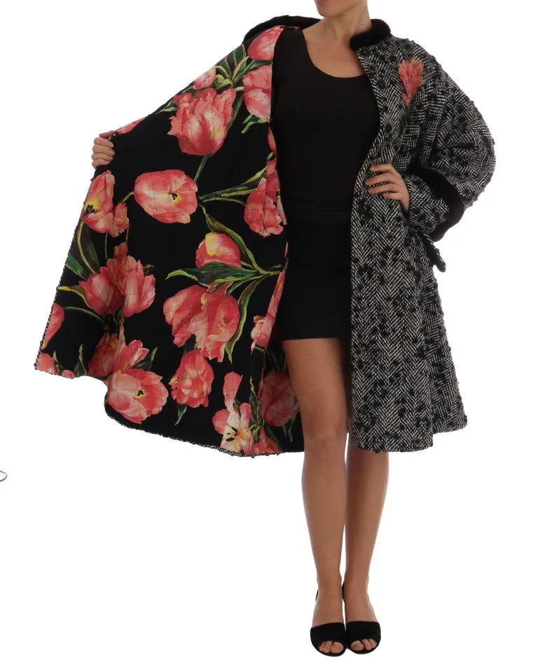 Black White Crystal Tulip Fur Coat