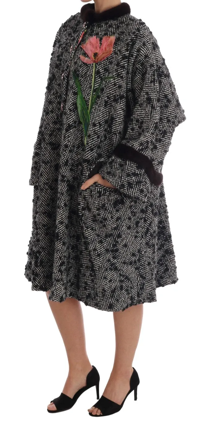 Black White Crystal Tulip Fur Coat