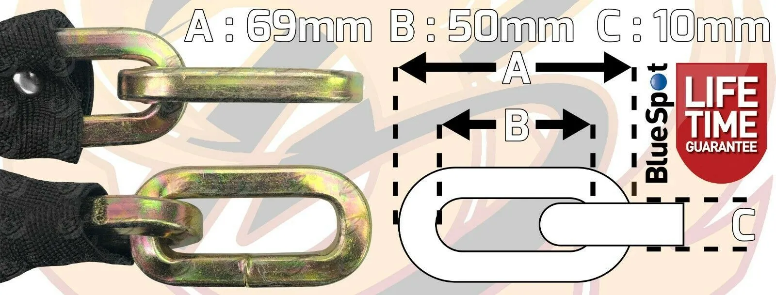 BLUESPOT 3FT LONG 10MM LINKS SECURITY CHAIN WITH 94MM HIGH SECURITY PADLOCK