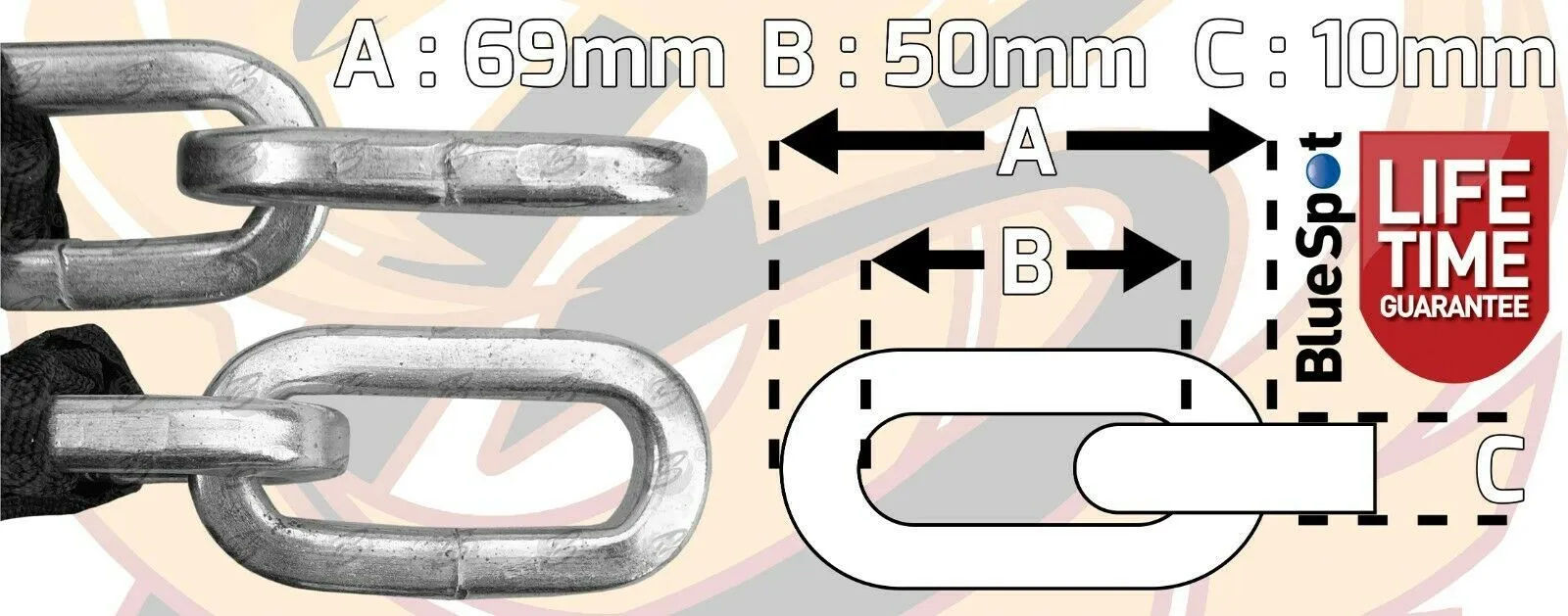 BLUESPOT 6FT LONG 10MM LINKS SECURITY CHAIN WITH 94MM HIGH SECURITY PADLOCK