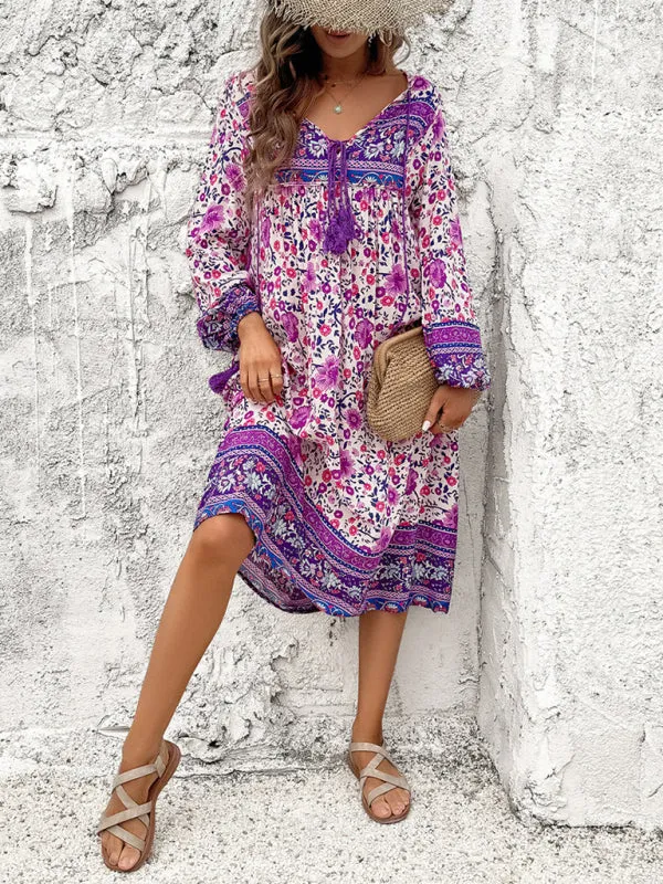 Boho Floral V-Neck Tunic Midi Dress with Lantern Sleeves