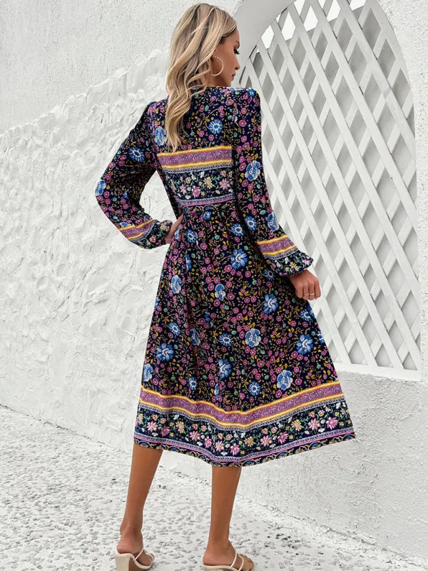 Boho Floral V-Neck Tunic Midi Dress with Lantern Sleeves