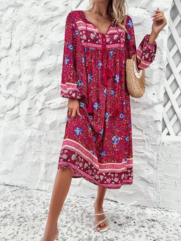 Boho Floral V-Neck Tunic Midi Dress with Lantern Sleeves