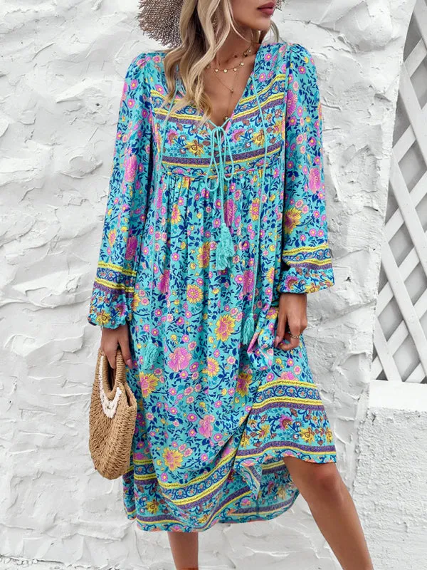 Boho Floral V-Neck Tunic Midi Dress with Lantern Sleeves