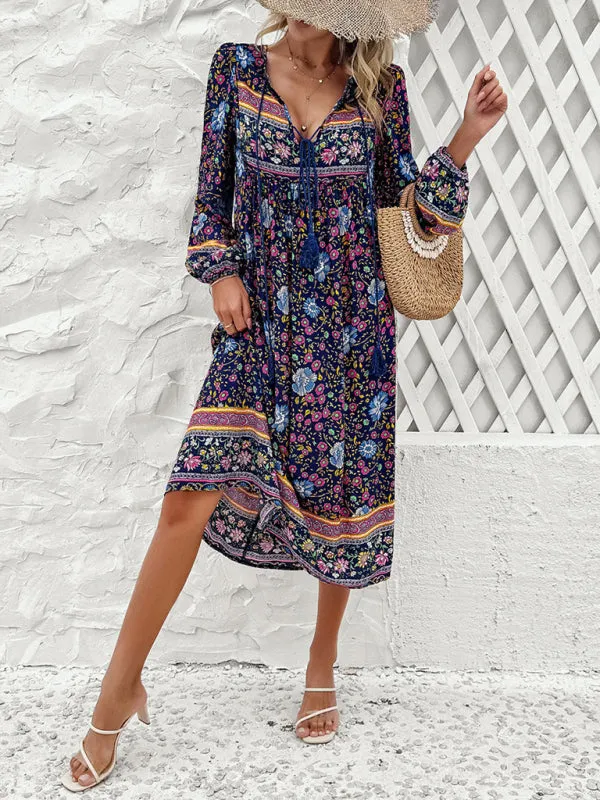 Boho Floral V-Neck Tunic Midi Dress with Lantern Sleeves