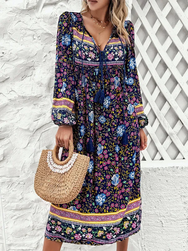 Boho Floral V-Neck Tunic Midi Dress with Lantern Sleeves