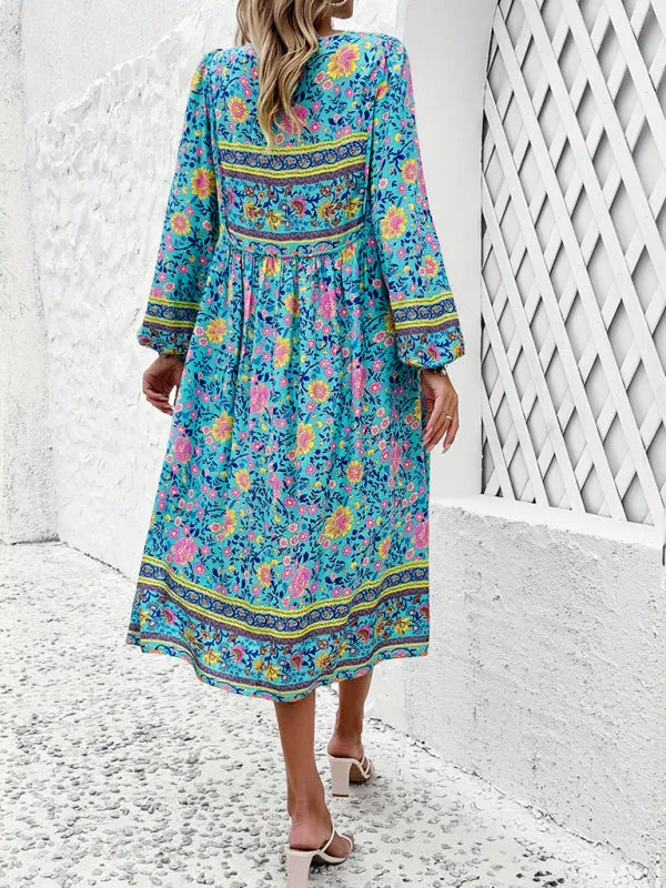 Boho Floral V-Neck Tunic Midi Dress with Lantern Sleeves
