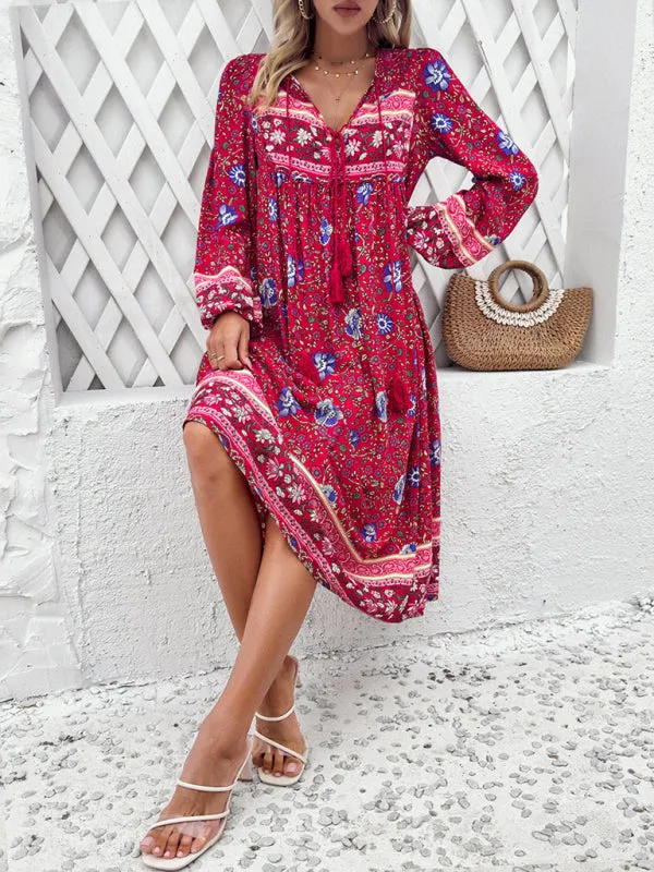 Boho Floral V-Neck Tunic Midi Dress with Lantern Sleeves