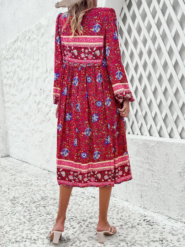 Boho Floral V-Neck Tunic Midi Dress with Lantern Sleeves