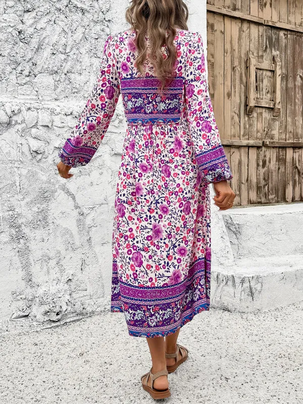 Boho Floral V-Neck Tunic Midi Dress with Lantern Sleeves