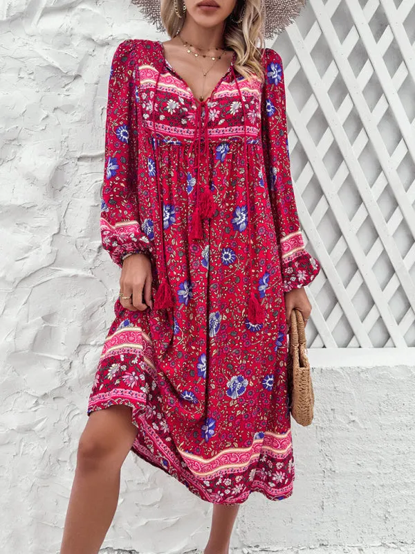 Boho Floral V-Neck Tunic Midi Dress with Lantern Sleeves