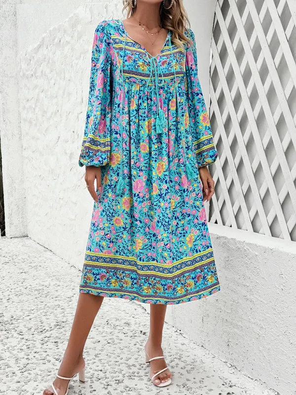 Boho Floral V-Neck Tunic Midi Dress with Lantern Sleeves