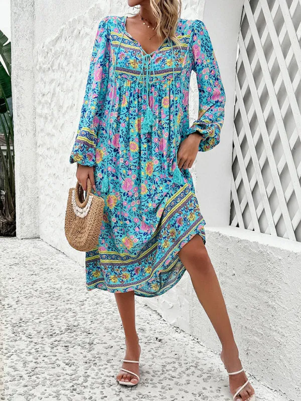 Boho Floral V-Neck Tunic Midi Dress with Lantern Sleeves