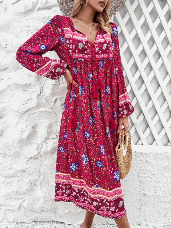 Boho Floral V-Neck Tunic Midi Dress with Lantern Sleeves