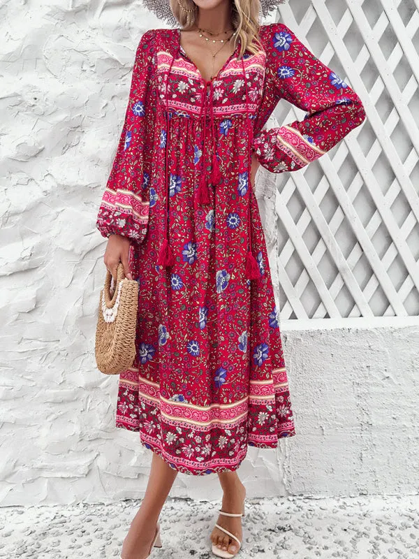 Boho Floral V-Neck Tunic Midi Dress with Lantern Sleeves