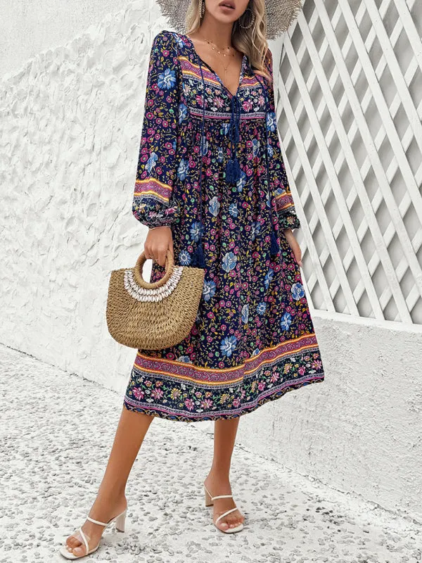 Boho Floral V-Neck Tunic Midi Dress with Lantern Sleeves