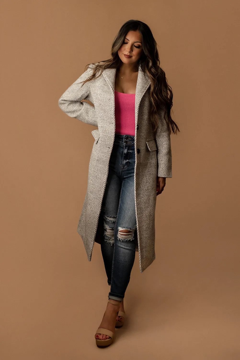 Brooks Full Length Single Breasted Coat (Grey Stripe)