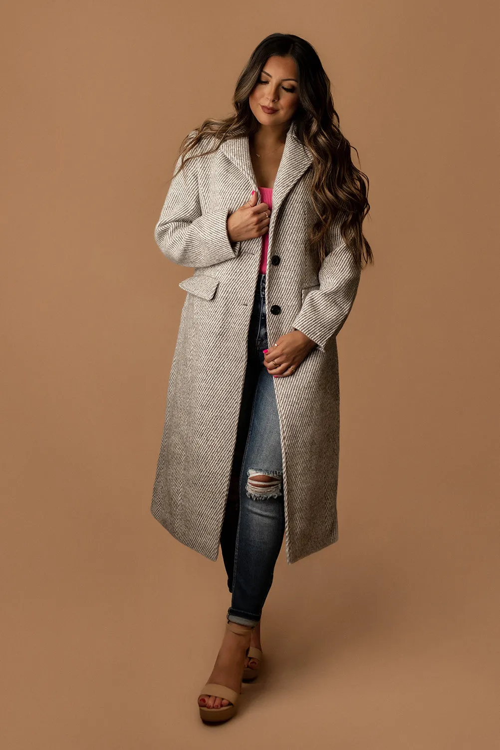 Brooks Full Length Single Breasted Coat (Grey Stripe)