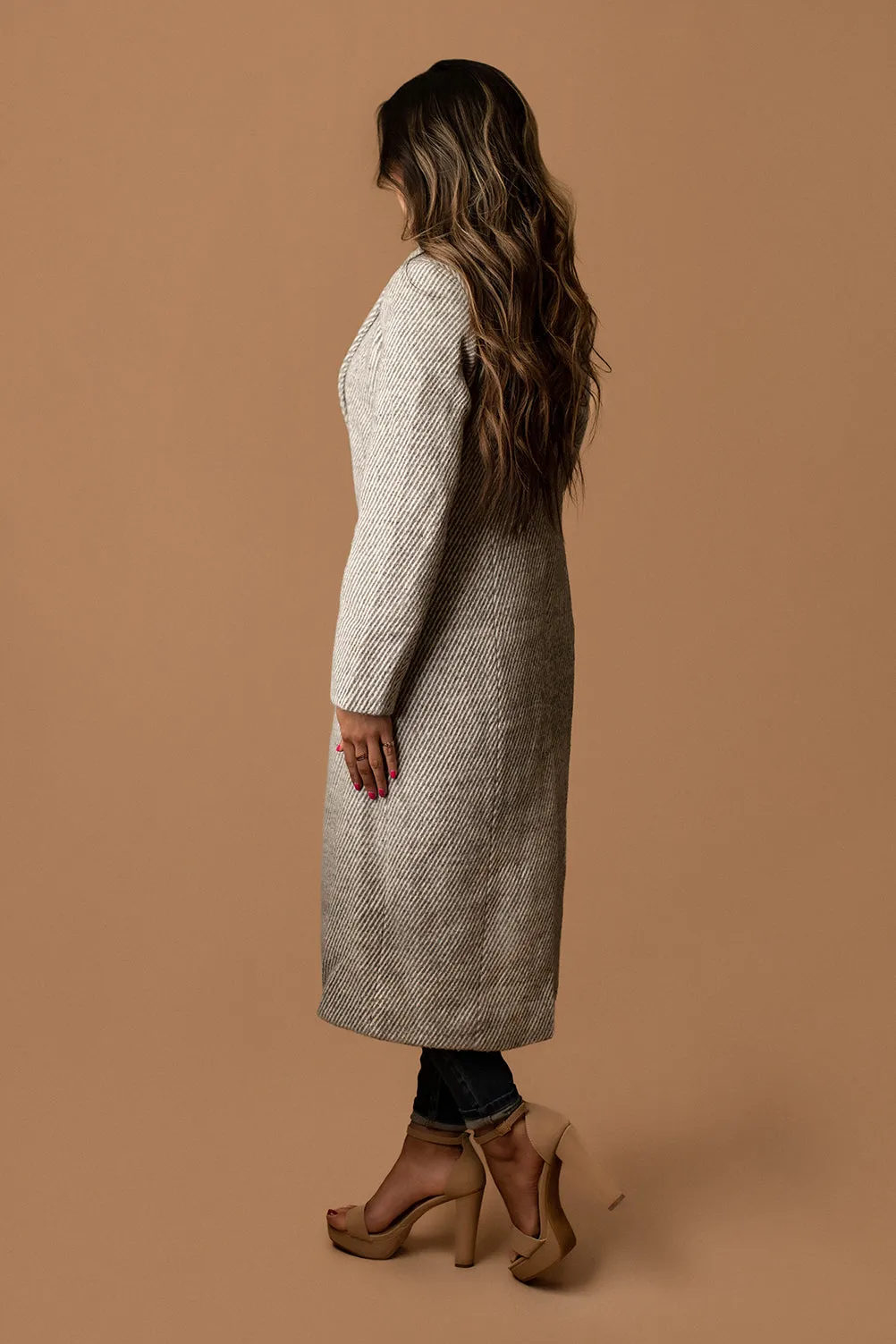Brooks Full Length Single Breasted Coat (Grey Stripe)