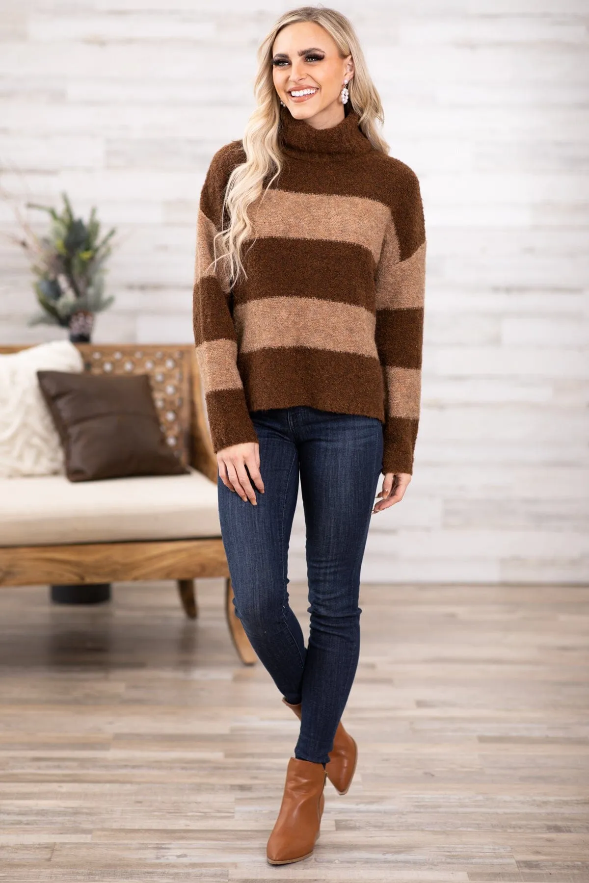 Brown and Tan Colorblock Turtleneck Sweater