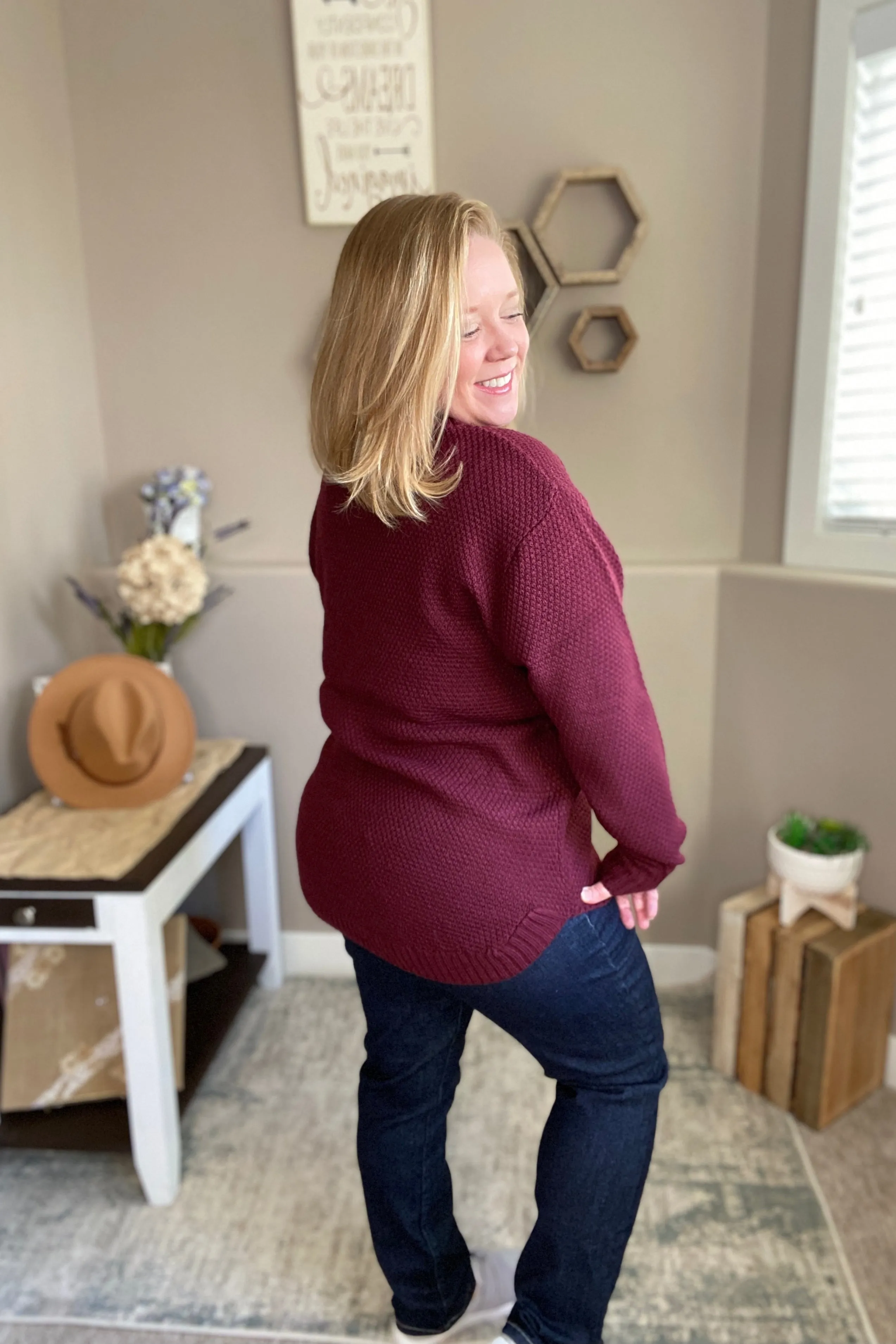Burgundy Hi-Lo Long Sleeve Sweater