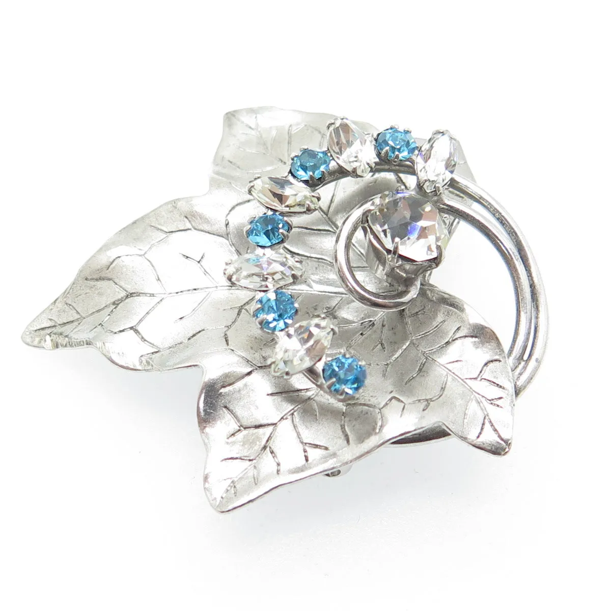 CARL ART 925 Sterling Silver Antique Art Deco Rhinestone Maple Leaf Pin Pendant