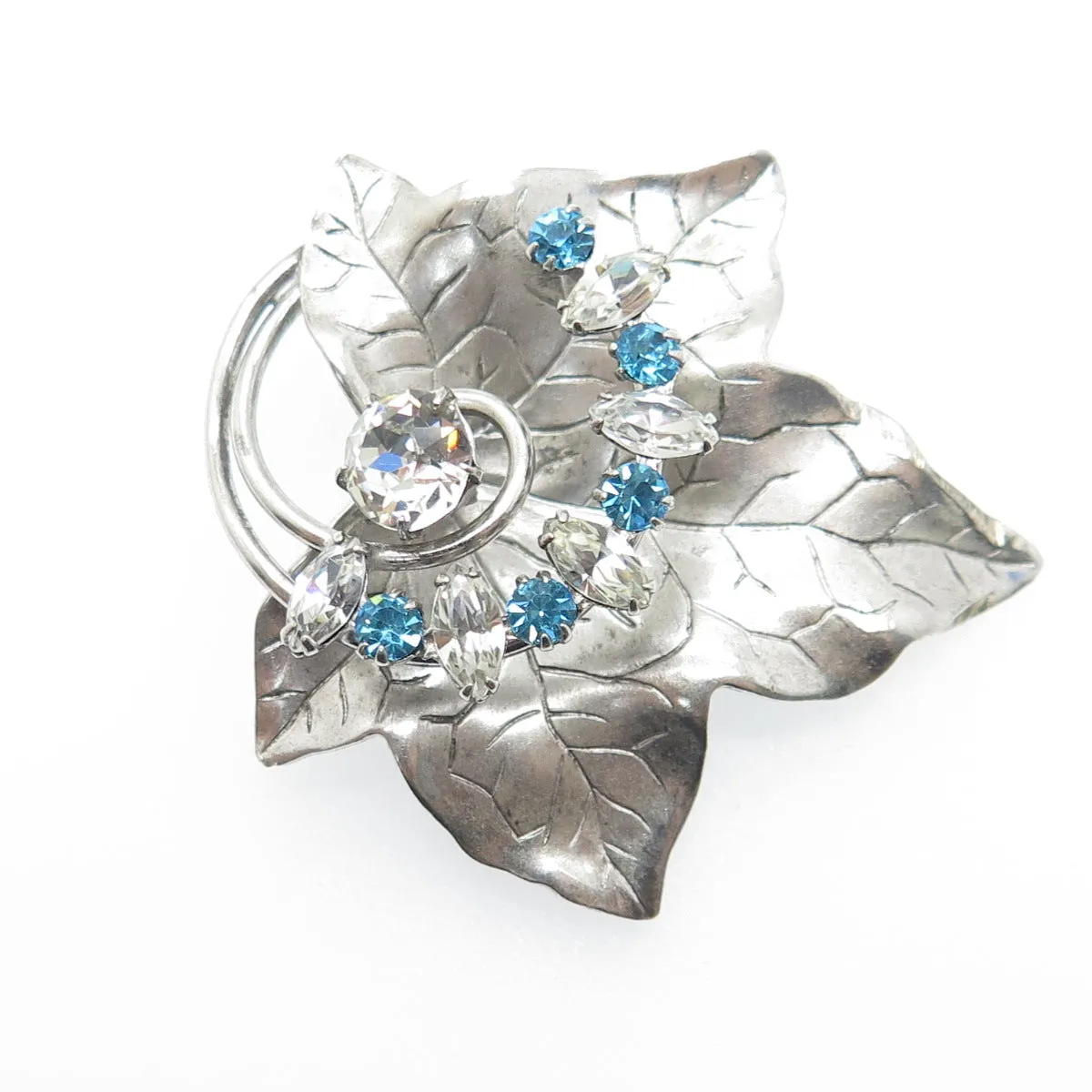 CARL ART 925 Sterling Silver Antique Art Deco Rhinestone Maple Leaf Pin Pendant