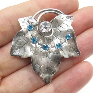 CARL ART 925 Sterling Silver Antique Art Deco Rhinestone Maple Leaf Pin Pendant