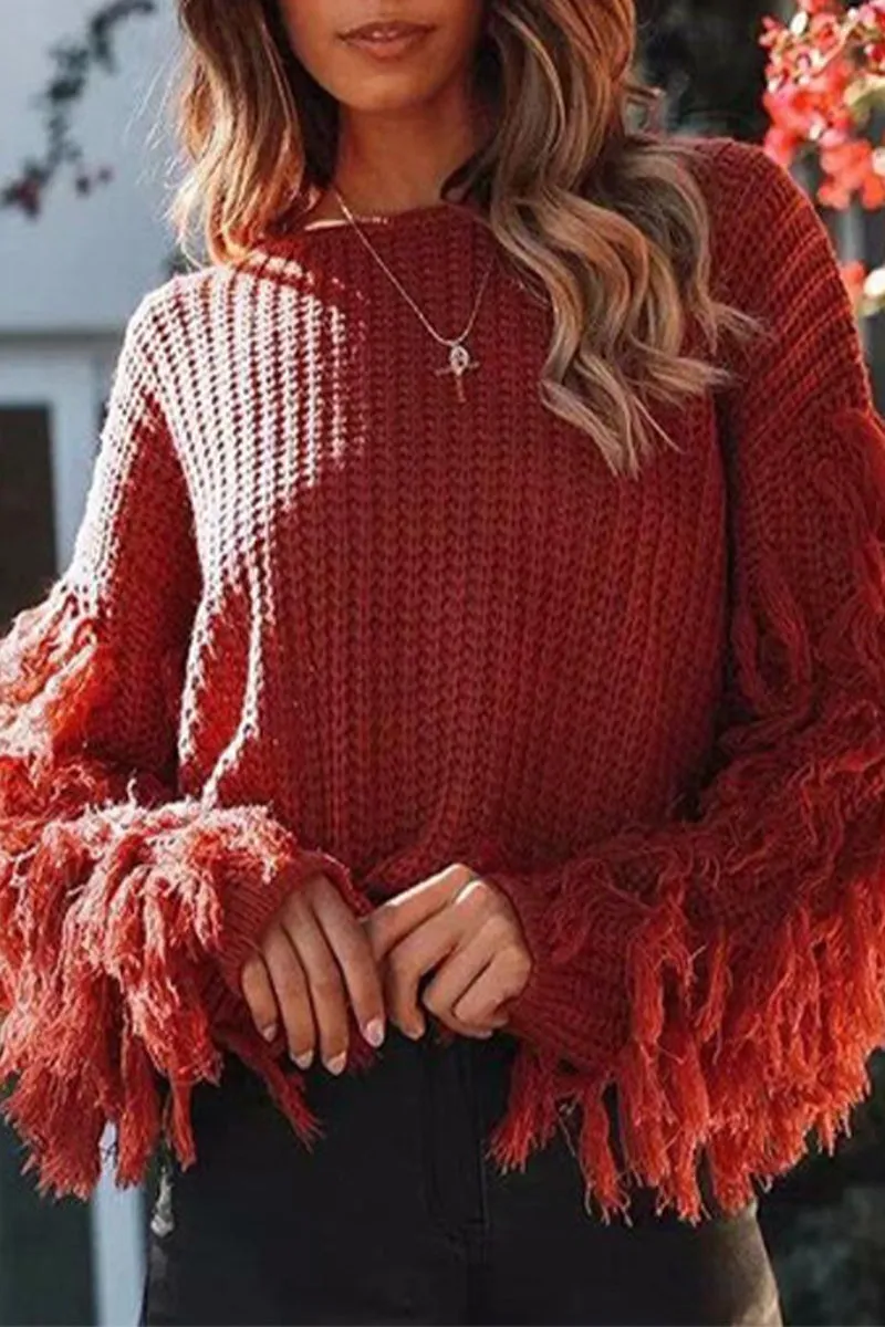 Casual Solid Tassel O Neck Sweaters(4 Colors)