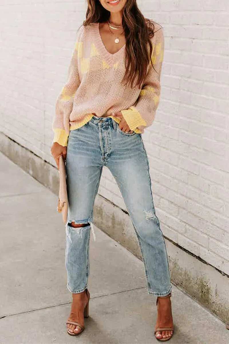 Casual Sweet Color Lump Contrast O Neck Sweaters