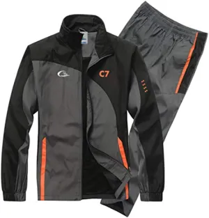 CBlue Men's Running Windbreaker Gym and Sports Tracksuit (Large, Black / Grey / Orange)