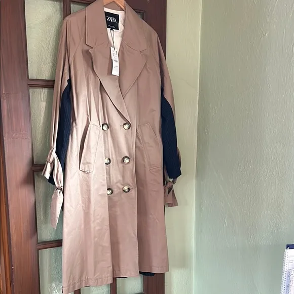 CHIC SPRING TRENCH_NWT $149! Zara Tan Double-Breasted Mixed Fabric Trench Jacket