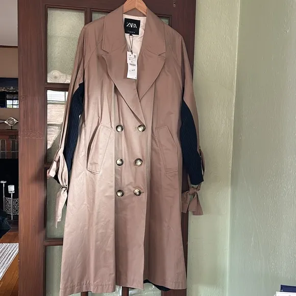CHIC SPRING TRENCH_NWT $149! Zara Tan Double-Breasted Mixed Fabric Trench Jacket