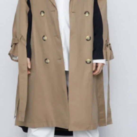 CHIC SPRING TRENCH_NWT $149! Zara Tan Double-Breasted Mixed Fabric Trench Jacket