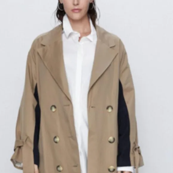 CHIC SPRING TRENCH_NWT $149! Zara Tan Double-Breasted Mixed Fabric Trench Jacket