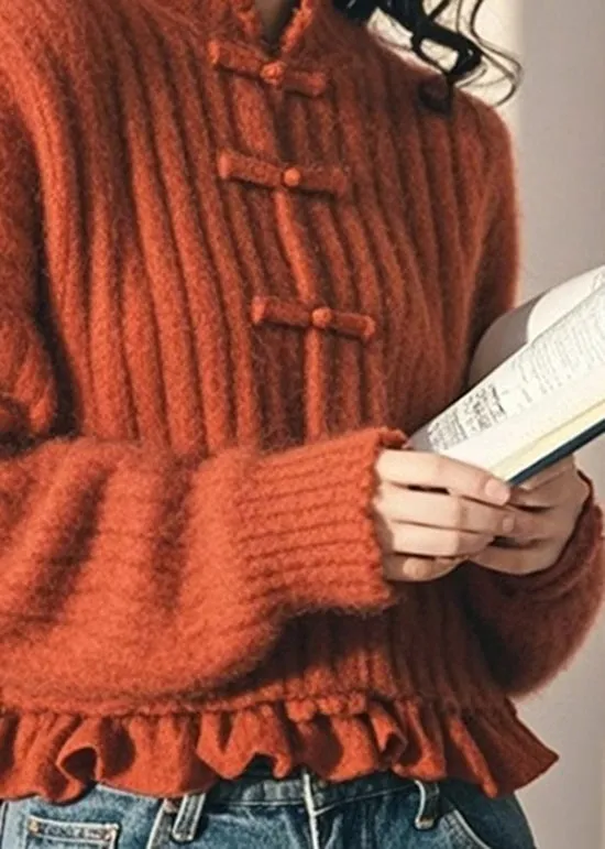 Chinese Style Orange Ruffled Oriental Button Knit Sweaters Spring TN050