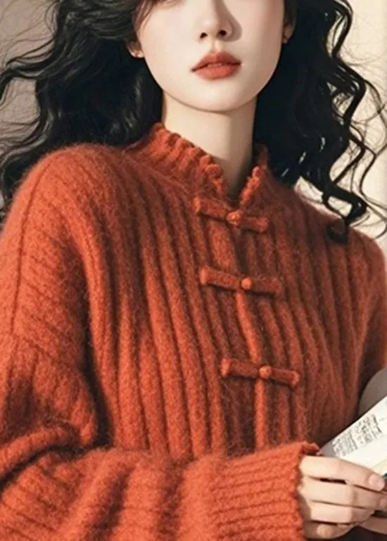 Chinese Style Orange Ruffled Oriental Button Knit Sweaters Spring TN050