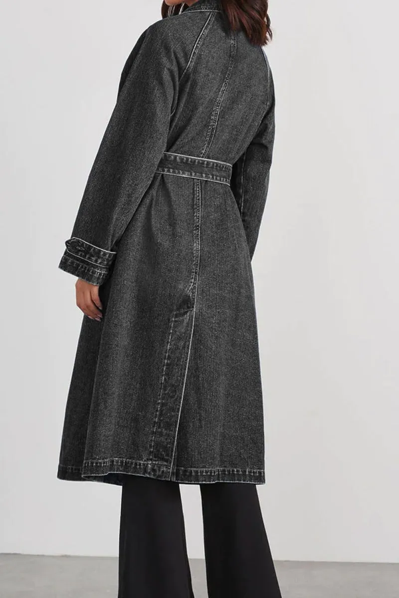 Chouyatou Women's Casual Double Breasted Long Denim Trench Coat Jean Jacket Trenchcoat with Belt Duster Coat
