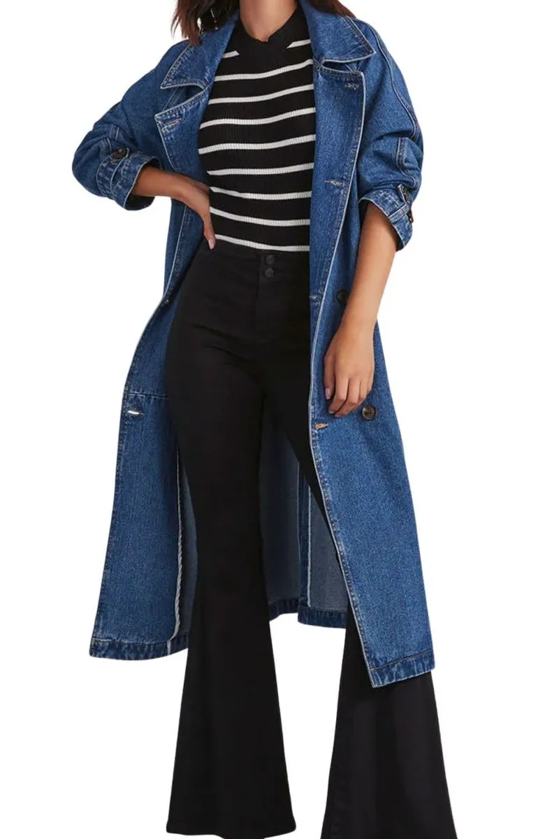 Chouyatou Women's Casual Double Breasted Long Denim Trench Coat Jean Jacket Trenchcoat with Belt Duster Coat