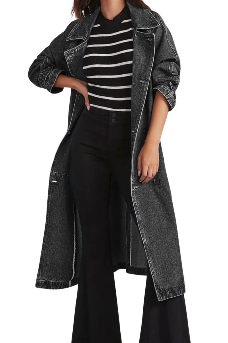 Chouyatou Women's Casual Double Breasted Long Denim Trench Coat Jean Jacket Trenchcoat with Belt Duster Coat