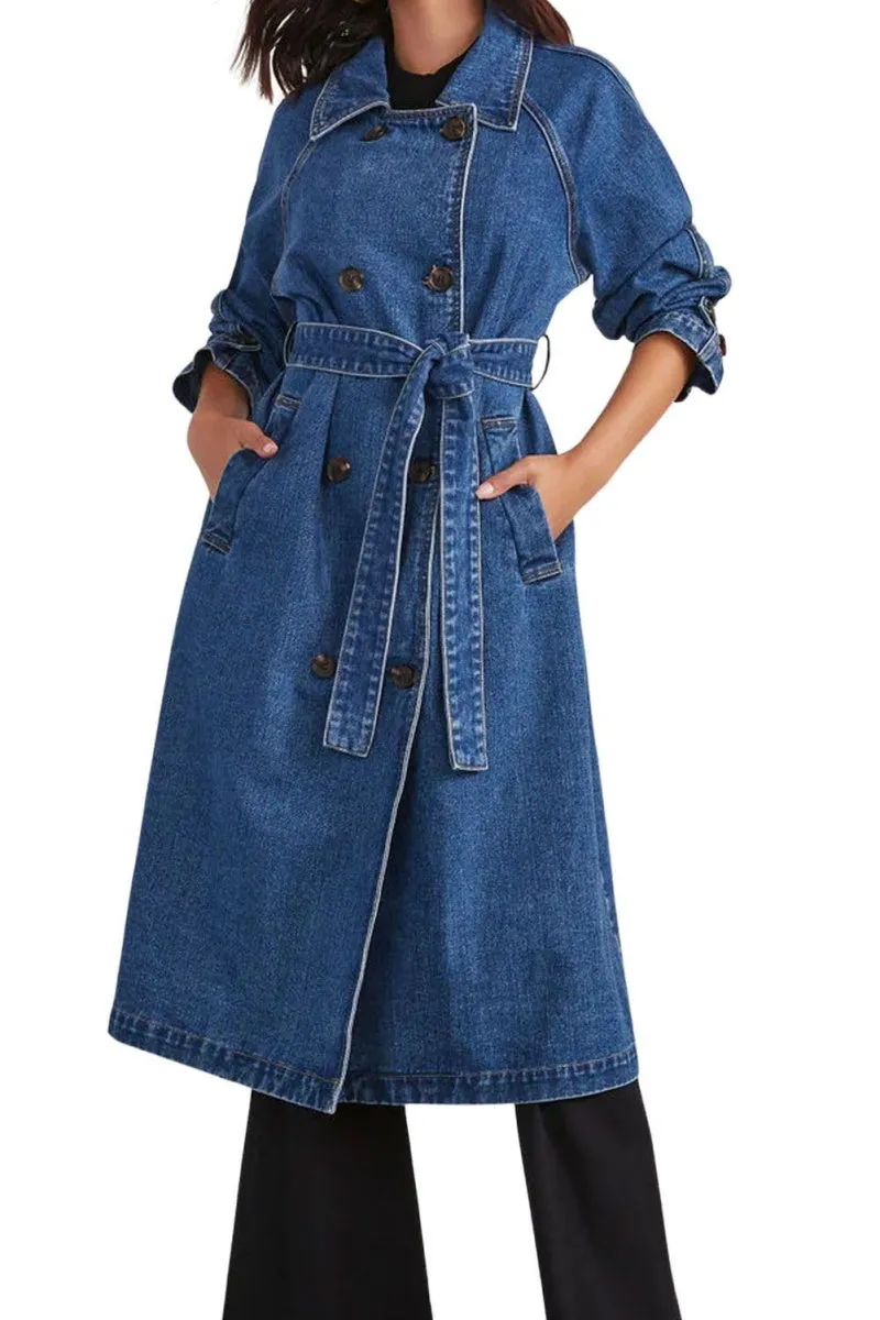Chouyatou Women's Casual Double Breasted Long Denim Trench Coat Jean Jacket Trenchcoat with Belt Duster Coat