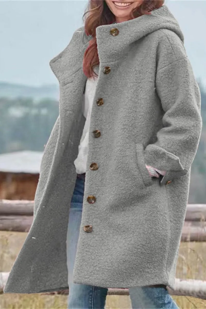 Chouyatou Women's Winter Single Breasted Long Wool Coat with Hood Casual Wool Blend Trench Coat Jacket