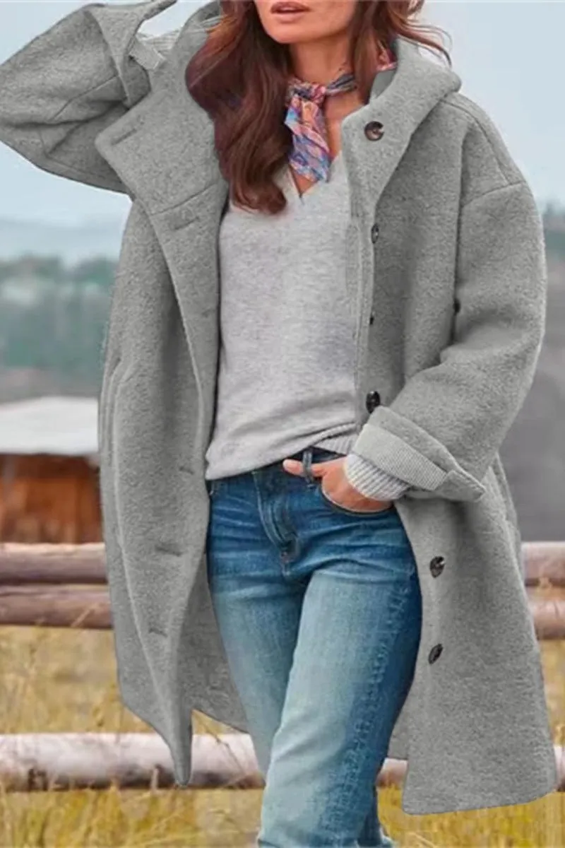 Chouyatou Women's Winter Single Breasted Long Wool Coat with Hood Casual Wool Blend Trench Coat Jacket