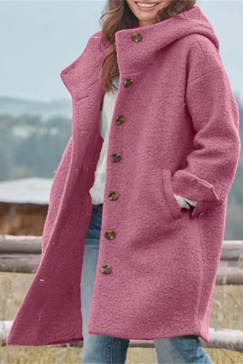 Chouyatou Women's Winter Single Breasted Long Wool Coat with Hood Casual Wool Blend Trench Coat Jacket
